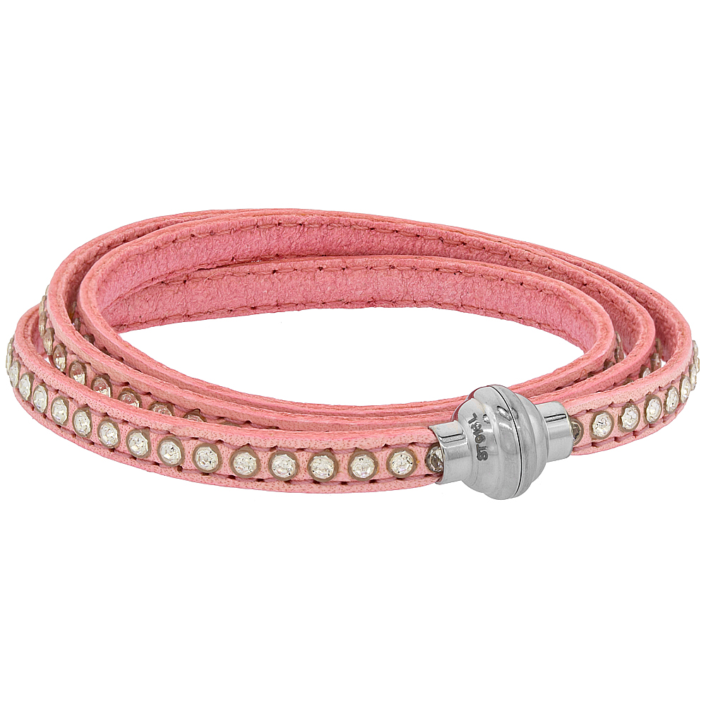Quality Full Grain Pink Leather Wrap Bracelet Swarovski Crystal Studded Magnetic Clasp Italy 22.5 inch