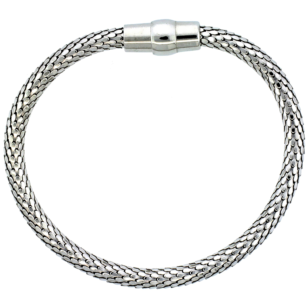 Sterling Silver Flexible Bangle Bracelet Magnetic Clasp Rhodium Finish, 3/16 inch wide