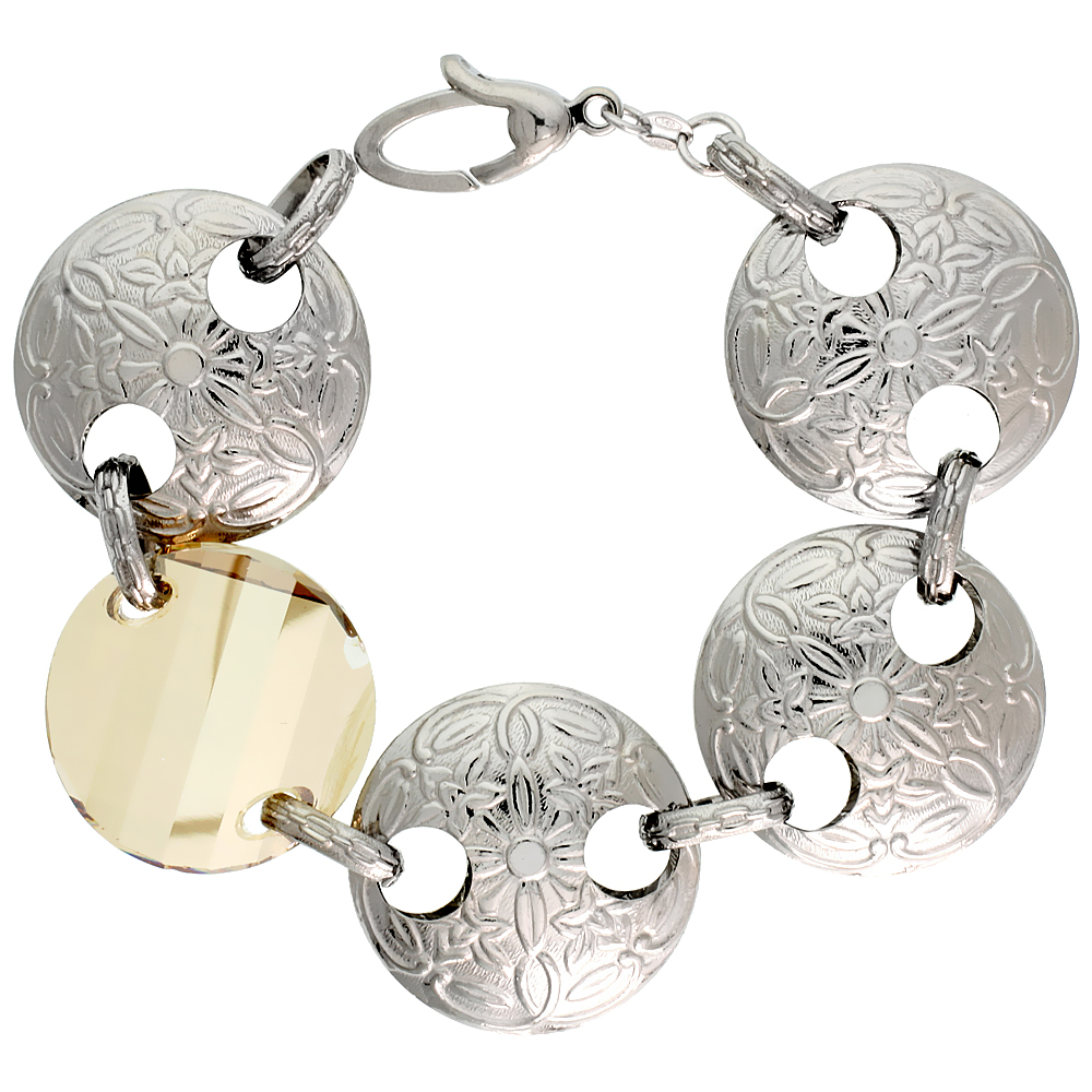 Sterling Silver Extra Large Floral Round Link Bracelet w/ Smoky Quartz Crystal Disc, 7 in.