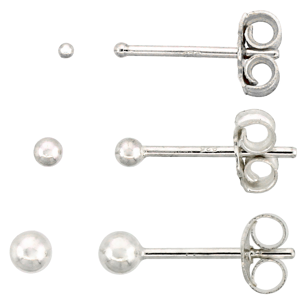 3-pair Set Sterling Silver 1mm 2mm &amp; 3mm Ball Stud Earrings for Women and Girls