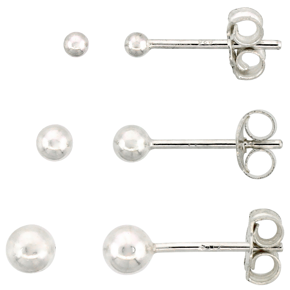 3-pair Set Sterling Silver 2mm 3mm &amp; 4mm Ball Stud Earrings for Women and Girls