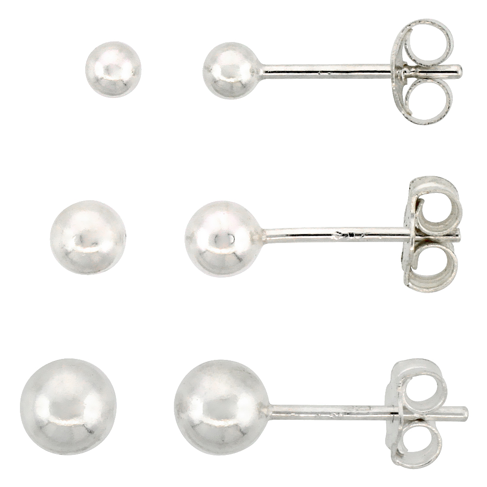 3-pair Set Sterling Silver 3mm 4mm &amp; 5mm Ball Stud Earrings for Women and Girls