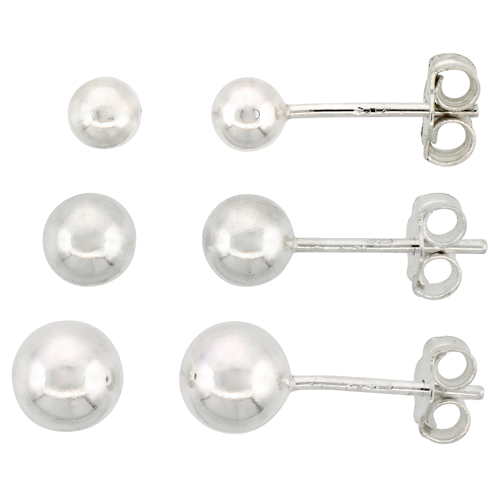 3-pair Set Sterling Silver 4mm 5mm &amp; 6mm Ball Stud Earrings for Women and Girls