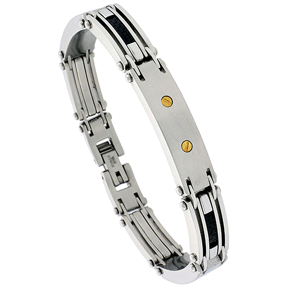 Stainless Steel ID Bracelet For Men Black Carbon Fiber gold plated screw heads, 3/8 inch wide, 9 inch long