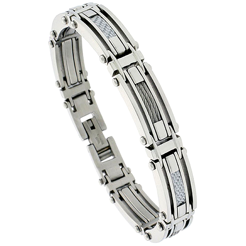 Stainless Steel Cable Bracelet For Men Gray Carbon Fiber , 1/2 inch wide, 