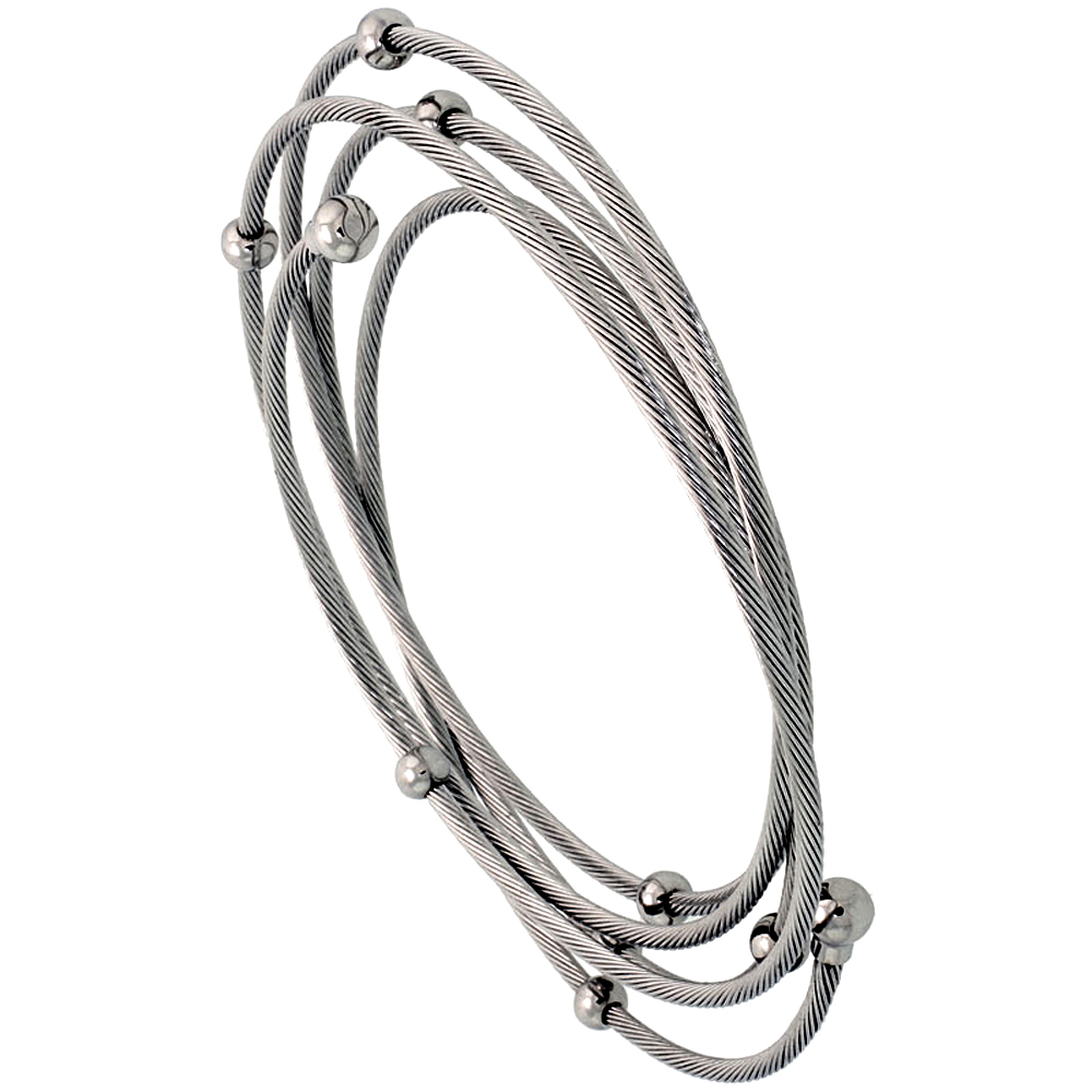 Stainless Steel Cable Bracelet for Women 2 mm thick, w/ 4 mm Beads & 5 mm Ball-ends, 7 1/2 inches