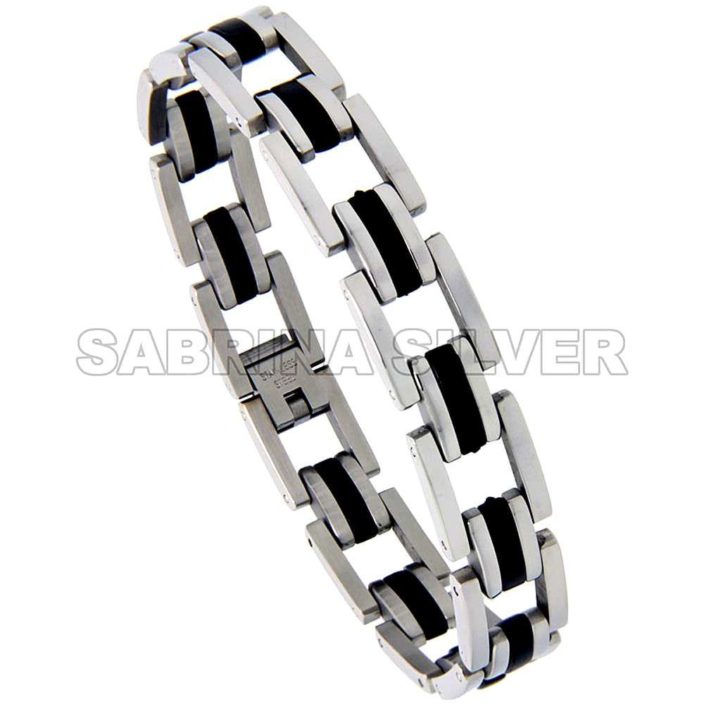 Stainless Steel Bracelet For Men Black Rubber Long & Short Bar Links 1/2 inch wide, 8.5 inch long