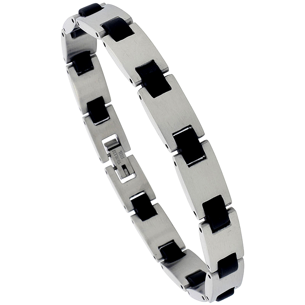 Stainless Steel Bracelet For Men Black Rubber Accent, 8 inch