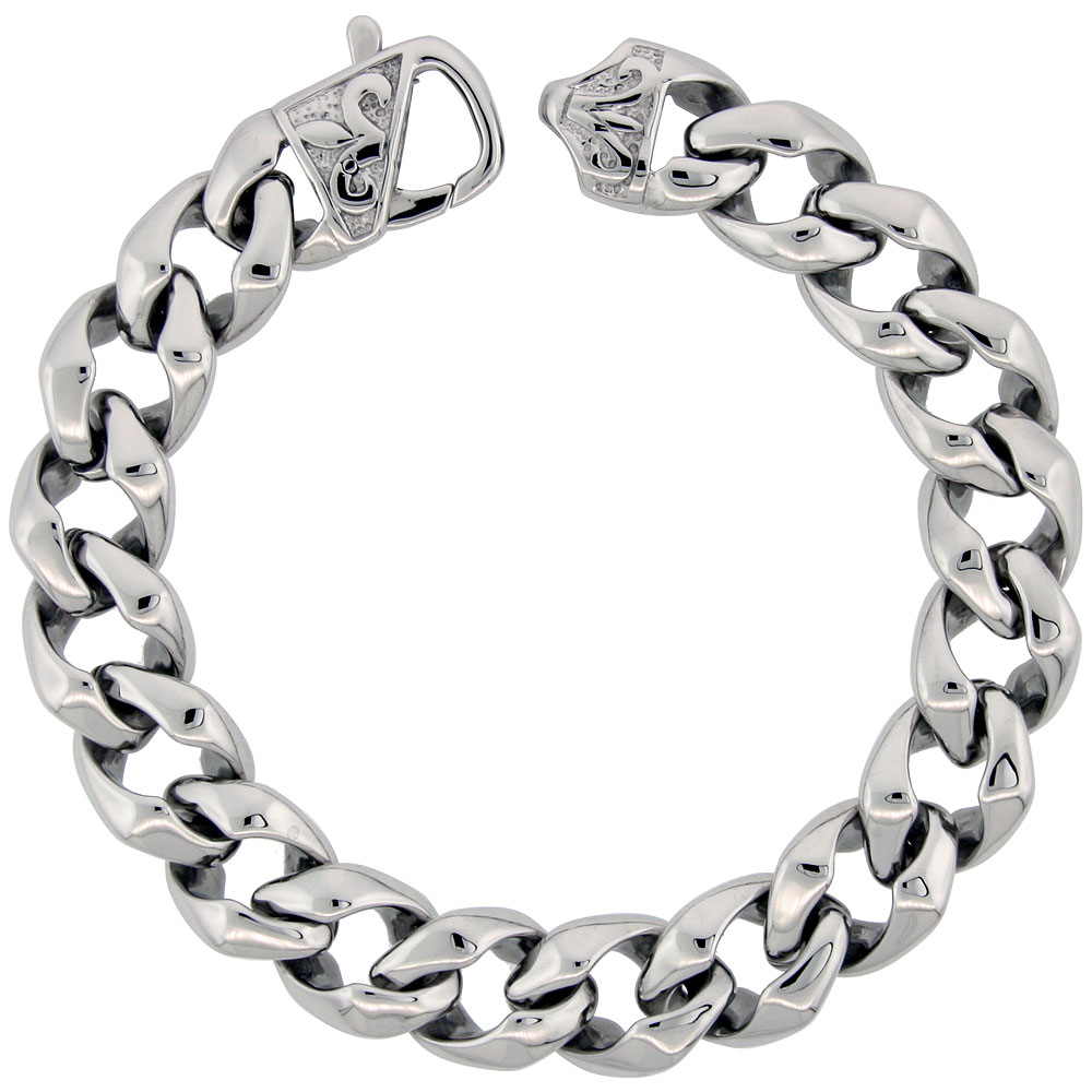 Stainless Steel Cuban Open Link Bracelet For Men Fleur De Lis Clasp Hefty Hand Made High polish, size 8.5 inch