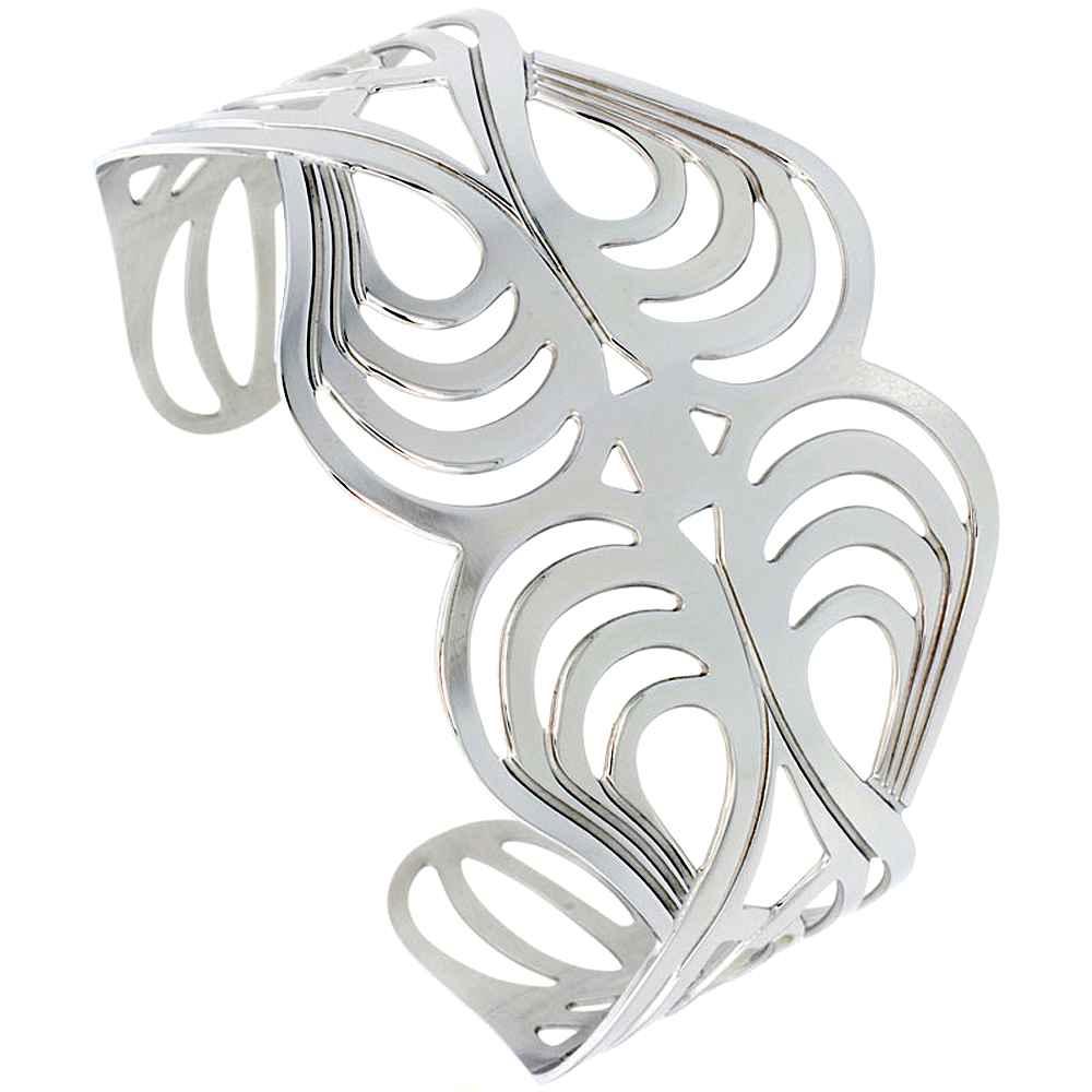 Stainless Wide Steel Cuff Bracelet for Women Swirl Pattern Cut-out 1 3/4 inch wide, size 7.5 inch