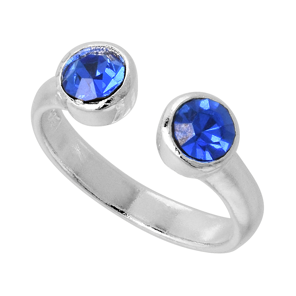 Blue Sapphire-colored Crystals (September Birthstone) Adjustable Toe Ring / Kid's Ring in Sterling Silver, sizes 2 to 4