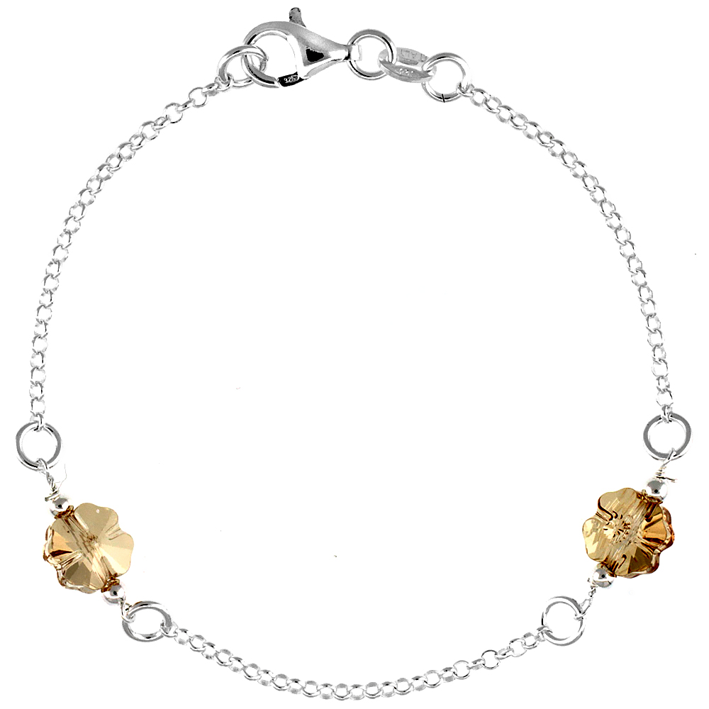 Sterling Silver Flower Citrine Swarovski Crystals 7 in. Rolo Link Bracelet