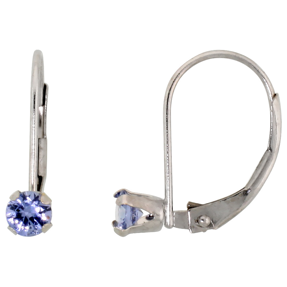 10k White Gold Natural Blue Topaz Leverback Earrings 3mm Brilliant Cut December Birthstone, 9/16 inch tall