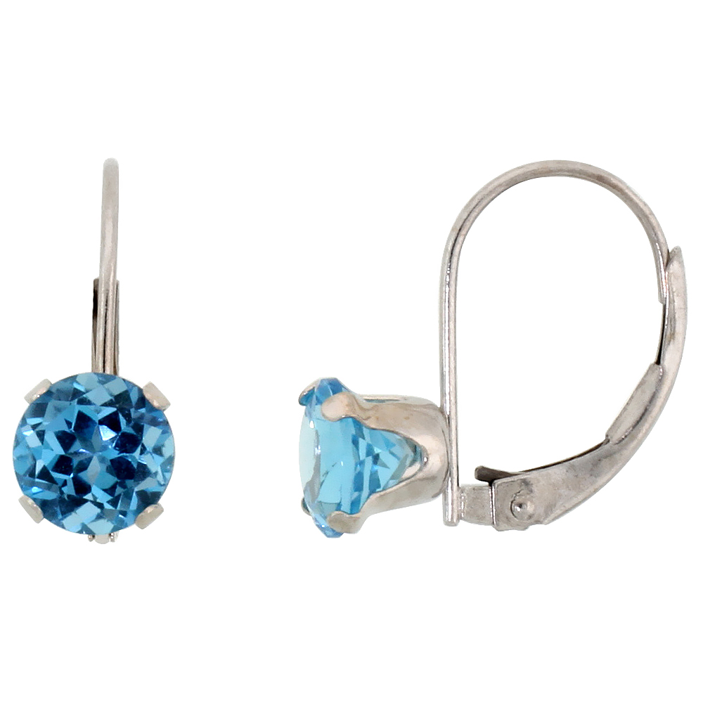 10k White Gold Natural Blue Topaz Leverback Earrings 6mm Brilliant Cut December Birthstone, 9/16 inch long