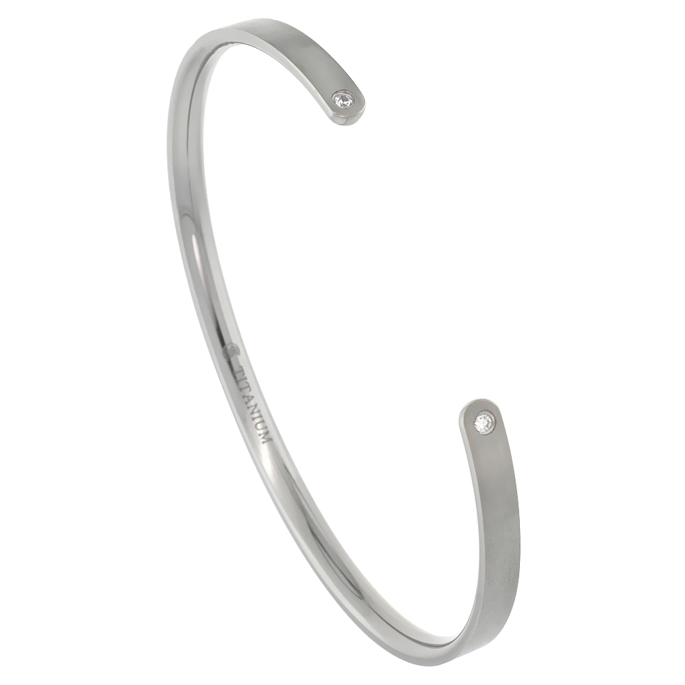 4 mm Flat Titanium Cuff Bracelet for Men & Women CZ Stone Ends Matte finish Comfort-fit 8 inch Wrist size 3/16 inch wide