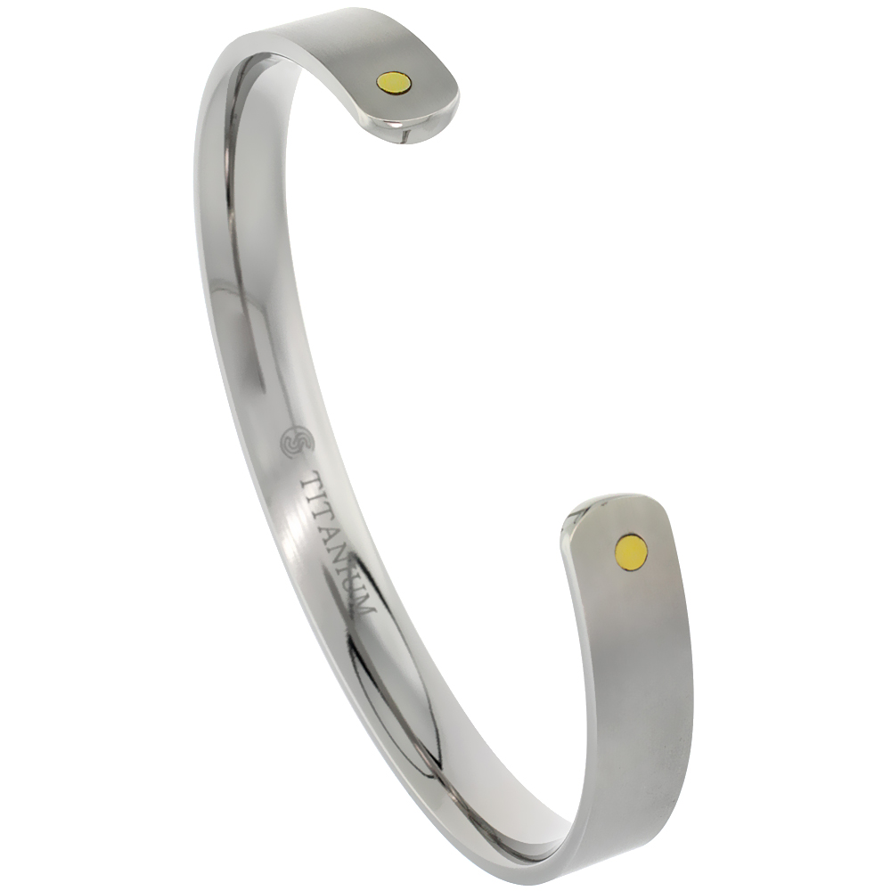 8 mm Flat Titanium Cuff Bracelet for Men & Women Gold Dot Ends Matte finish Comfort-fit 8 inch Wrist size 5/16 inch wide