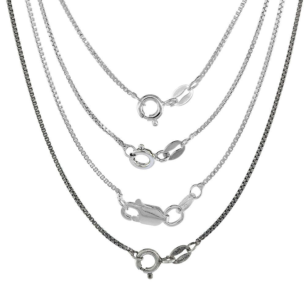 Sterling Silver 1mm Box Chain Necklace for Men and Women Assorted Finishes Nickel Free Italy 14 - 36 inch lengths