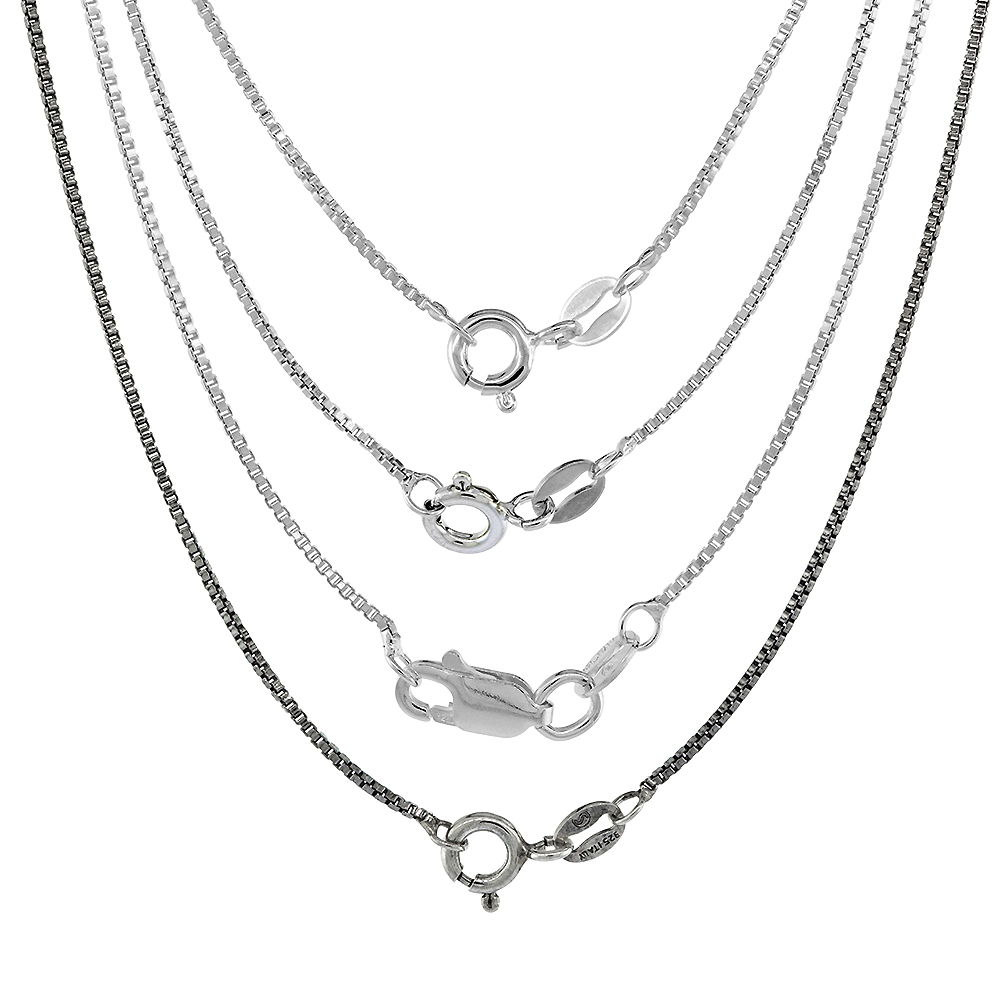 Sterling Silver Box Chain Necklace 1mm with lobster claw clasp Nickel Free Italy, Sizes 16 - 30 inch