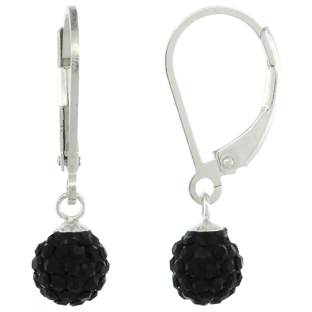 Sterling Silver 6mm Round Black Disco Crystal Ball Lever Back Earrings for Women, 7/8 in. (24 mm) tall