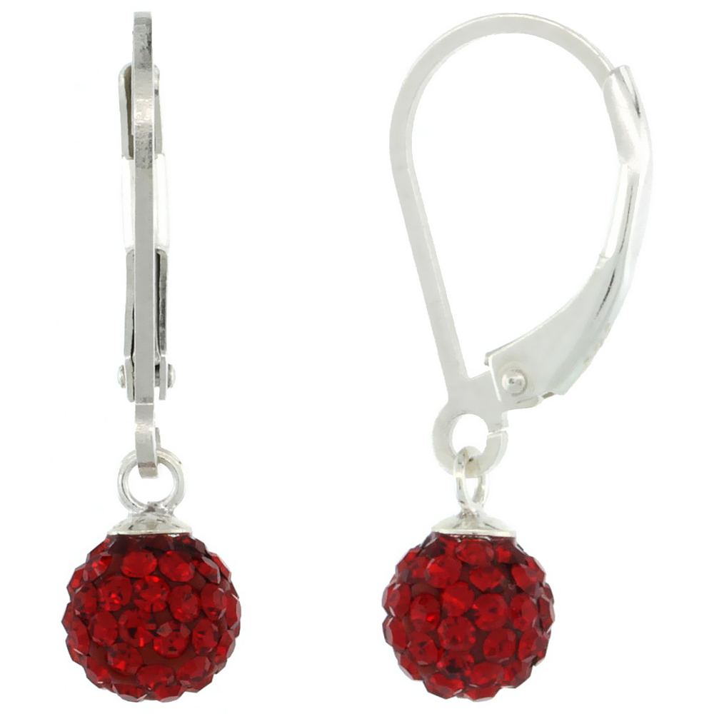 Sterling Silver 6mm Round Red Disco Crystal Ball Lever Back Earrings for Women for Women July Birthstone, 7/8 in. (24 mm) tall