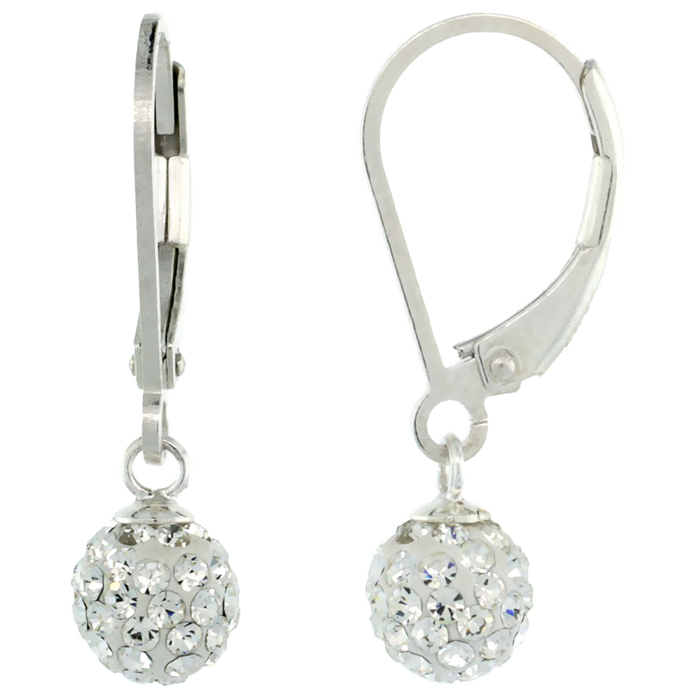 Sterling Silver 6mm Round White Disco Crystal Ball Lever Back Earrings for Women April Birthstone, 7/8 in. (24 mm) tall