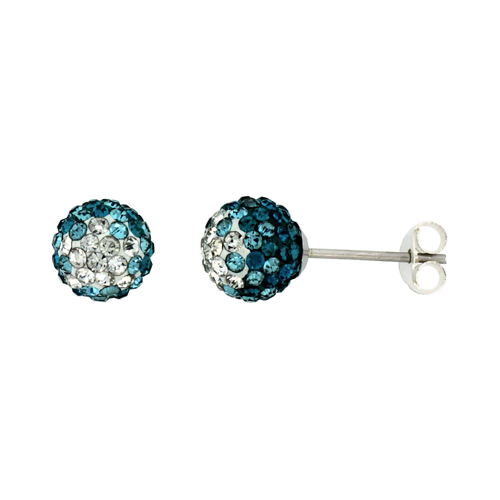 Sterling Silver Crystal Disco Ball Stud Earrings Clear &amp; Blue-Green Color 6mm Round