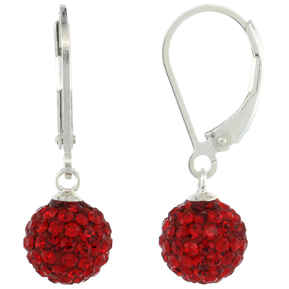Sterling Silver 8mm Round Red Disco Crystal Ball Lever Back Earrings for Women July Birthstone, 1 in. (26 mm) tall