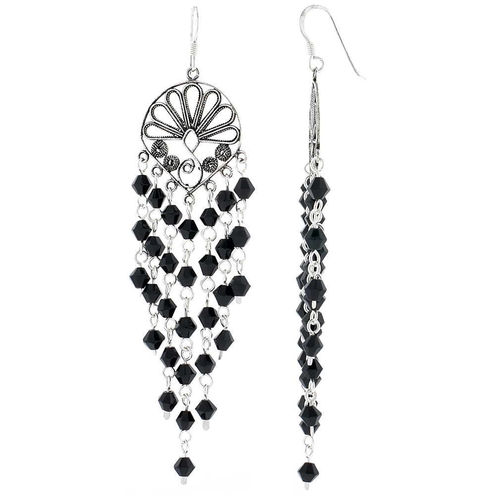 Sterling Silver Black Crystals Chandelier Earrings for Women Fan-shaped Filigree Dangle Fish Hook Handmade 3 1/16 inches long