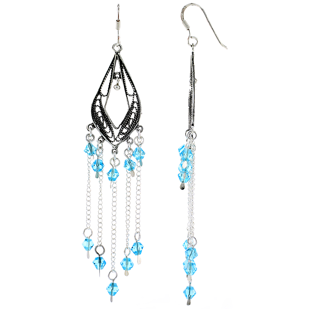 Sterling Silver Aquamarine Blue Crystals Chandelier Earrings for Women Pear-shaped Filigree Dangle Fish Hook Handmade 3 1/8 inches long
