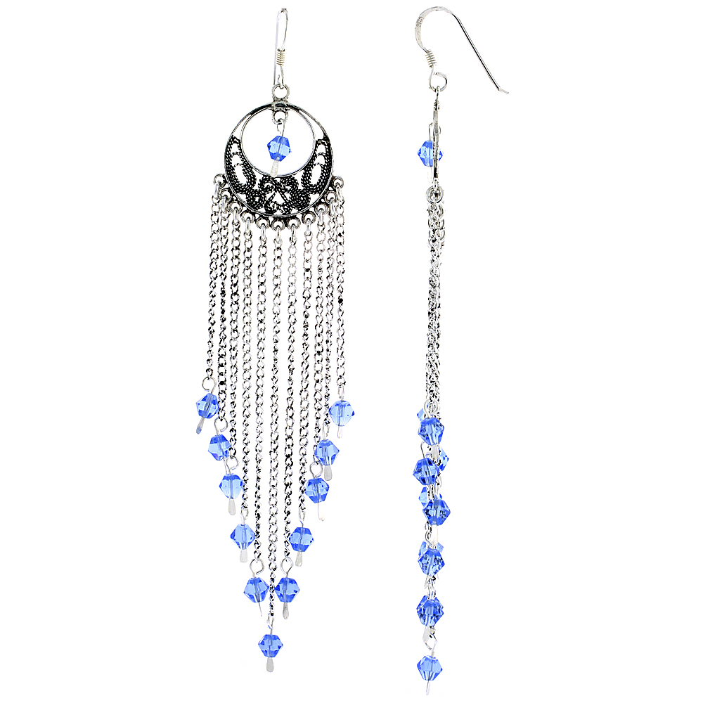 Sterling Silver Blue Topaz Crystals Chandelier Earrings for Women Filigree Dangle Fish Hook Handmade 3 13/16 inches long