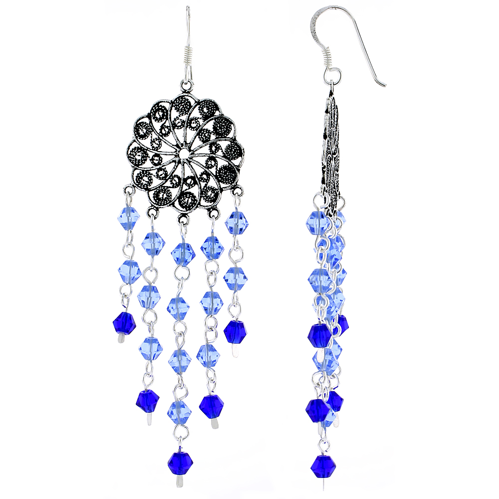Sterling Silver Blue Topaz &amp; Blue Sapphire Crystals Chandelier Earrings for Women Flower Filigree Dangle Fish Hook Handmade 2 13/16 inches long