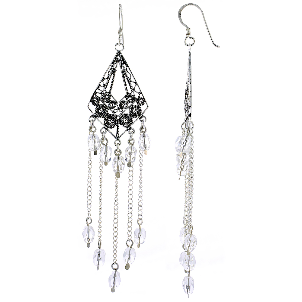 Sterling Silver Clear Crystals Chandelier Earrings for Women Diamond-shaped Filigree Dangle Fish Hook Handmade 3 1/4 inches long