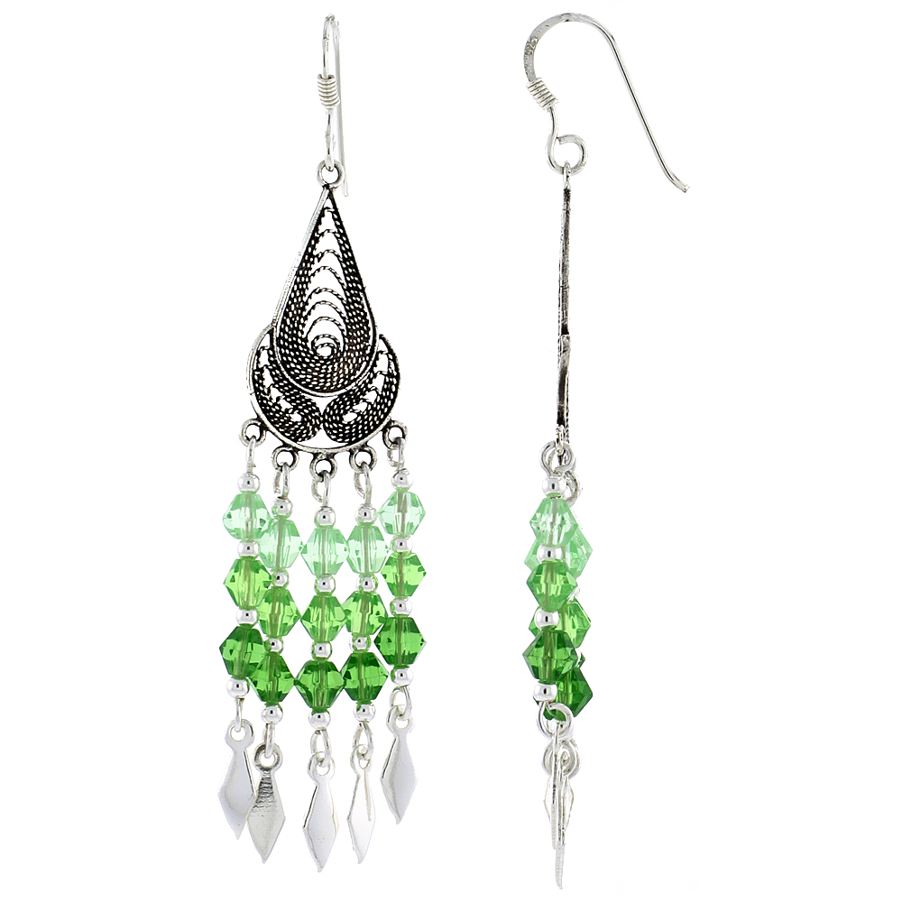 Sterling Silver Peridot Green Crystals Chandelier Earrings for Women Teardrop Filigree Dangle Fish Hook Handmade 2 1/4 inches long