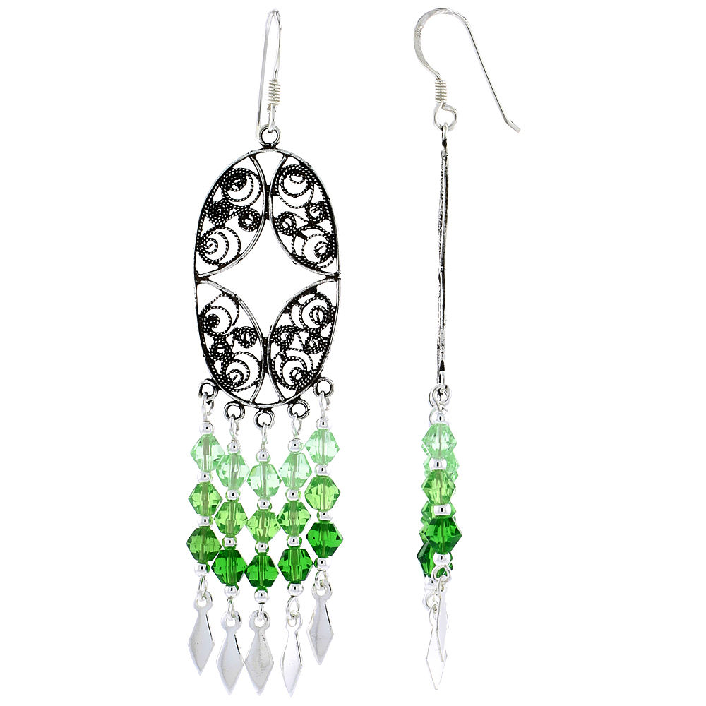 Sterling Silver Peridot Green Crystals Chandelier Earrings for Women Oval-shaped Filigree Dangle Fish Hook Handmade 2 5/8 inches long