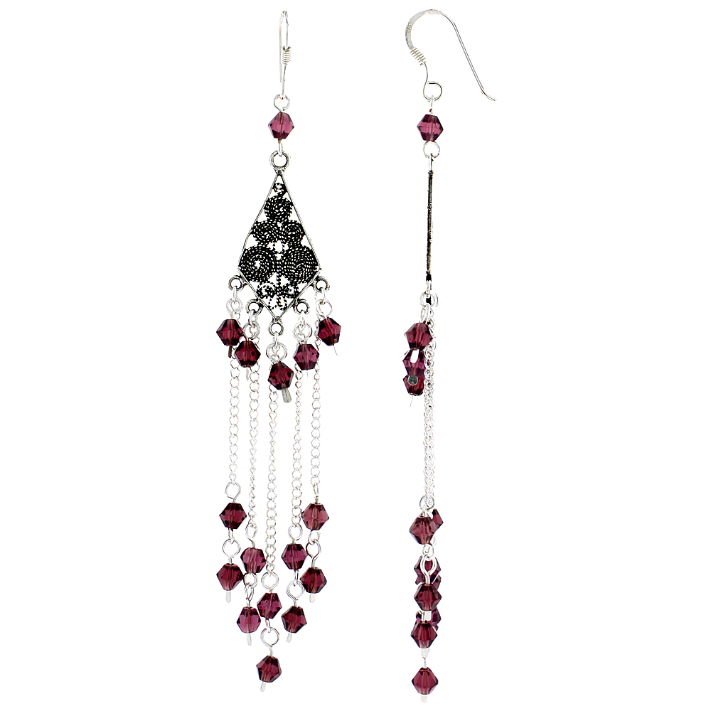 Sterling Silver Garnet Crystals Chandelier Earrings for Women Diamond-shaped Filigree Dangle Fish Hook Handmade 3 3/16 inches long