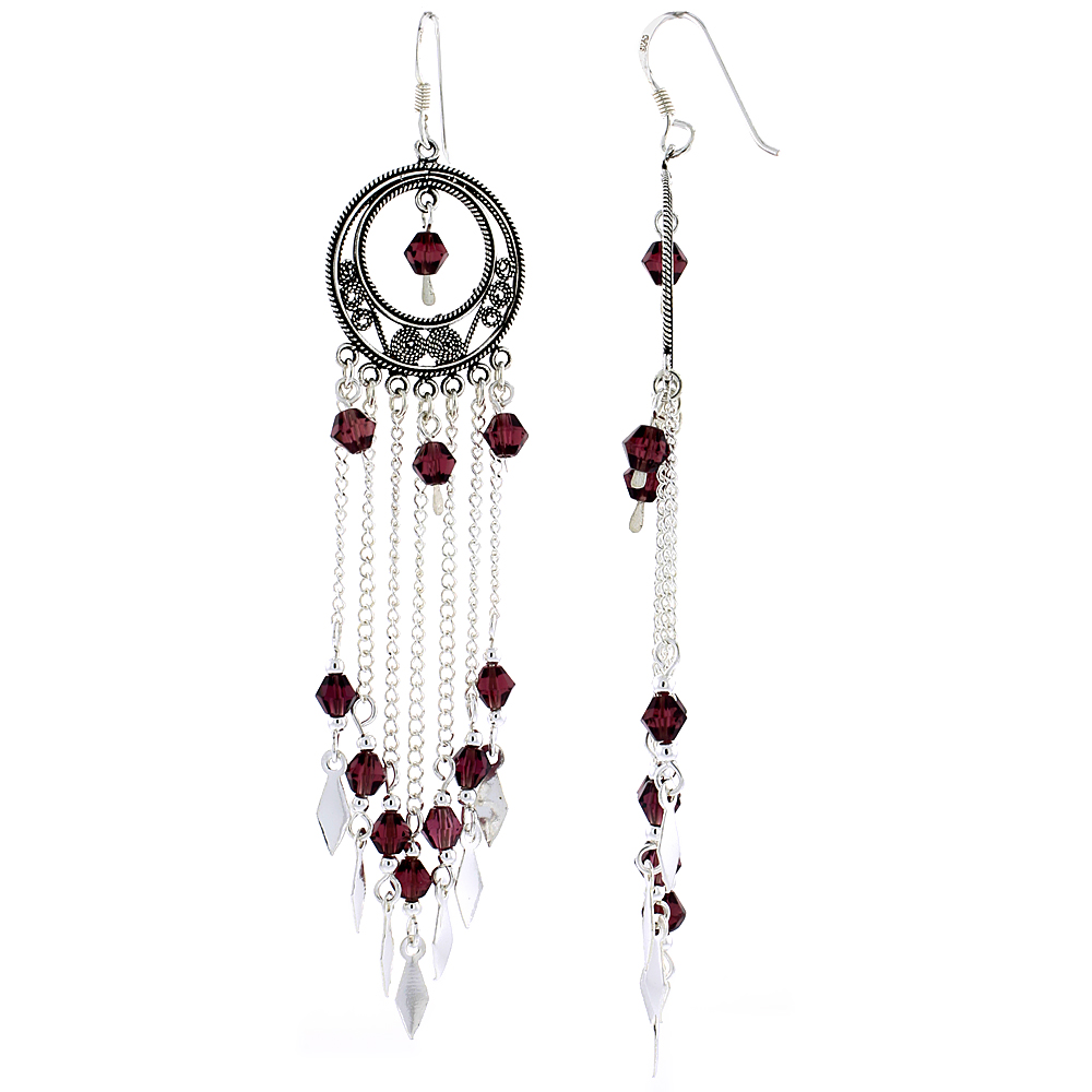 Sterling Silver Garnet Crystals Chandelier Earrings for Women Filigree Dangle Fish Hook Handmade 3 5/16 inches long