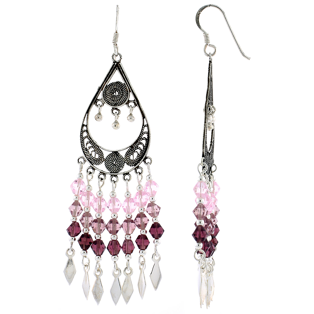 Sterling Silver Pink Tourmaline Crystals Chandelier Earrings for Women Pear-shaped Filigree Dangle Fish Hook Handmade 2 9/16 inches long