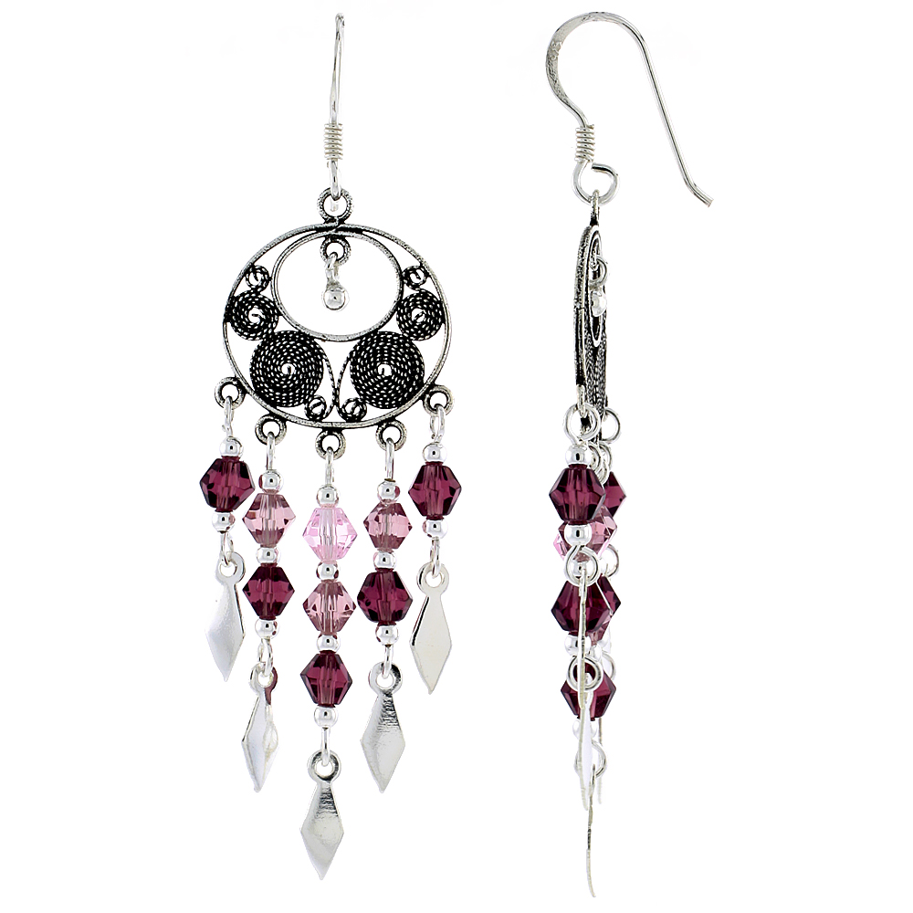 Sterling Silver Pink Tourmaline Crystals Chandelier Earrings for Women Filigree Dangle Fish Hook Handmade 2 inches long