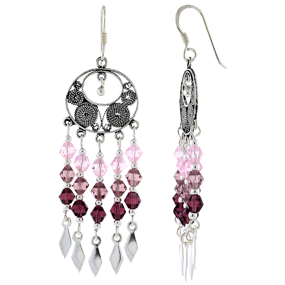 Sterling Silver Pink Tourmaline Crystals Chandelier Earrings for Women Filigree Dangle Fish Hook Handmade 2 inches long
