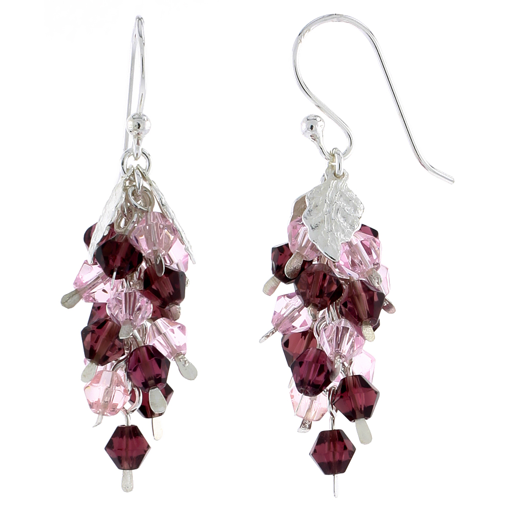 Sterling Silver Pink Tourmaline &amp; Garnet Crystals Cluster Earrings for Women Filigree Dangle Fish Hook Handmade 1 3/16 inches long