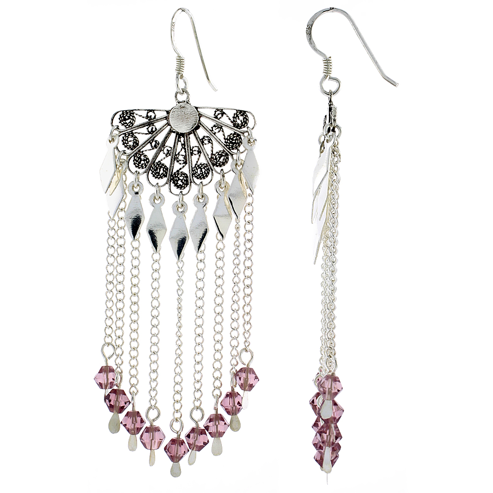 Sterling Silver Rose Pink Crystals Chandelier Earrings for Women Fan-shaped Filigree Dangle Fish Hook Handmade 2 7/16 inches long