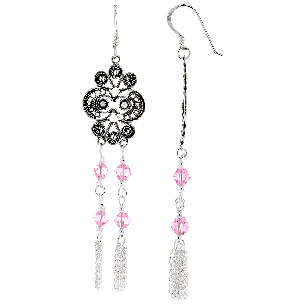 Sterling Silver Pink Tourmaline Crystals Chandelier Earrings for Women Filigree Dangle Fish Hook Handmade 2 1/4 inches long
