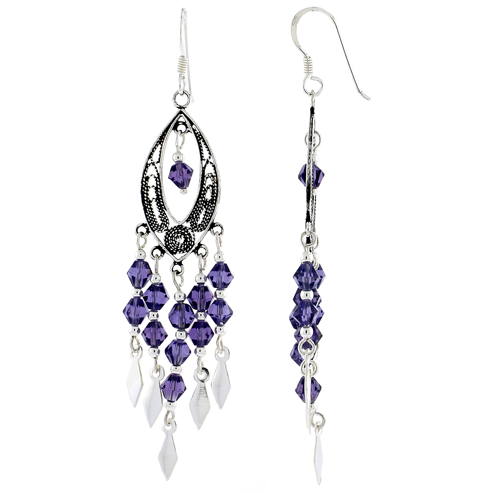 Sterling Silver Amethyst Purple Crystals Chandelier Earrings for Women Marquise-shaped Filigree Dangle Fish Hook Handmade 2 3/8 inches long