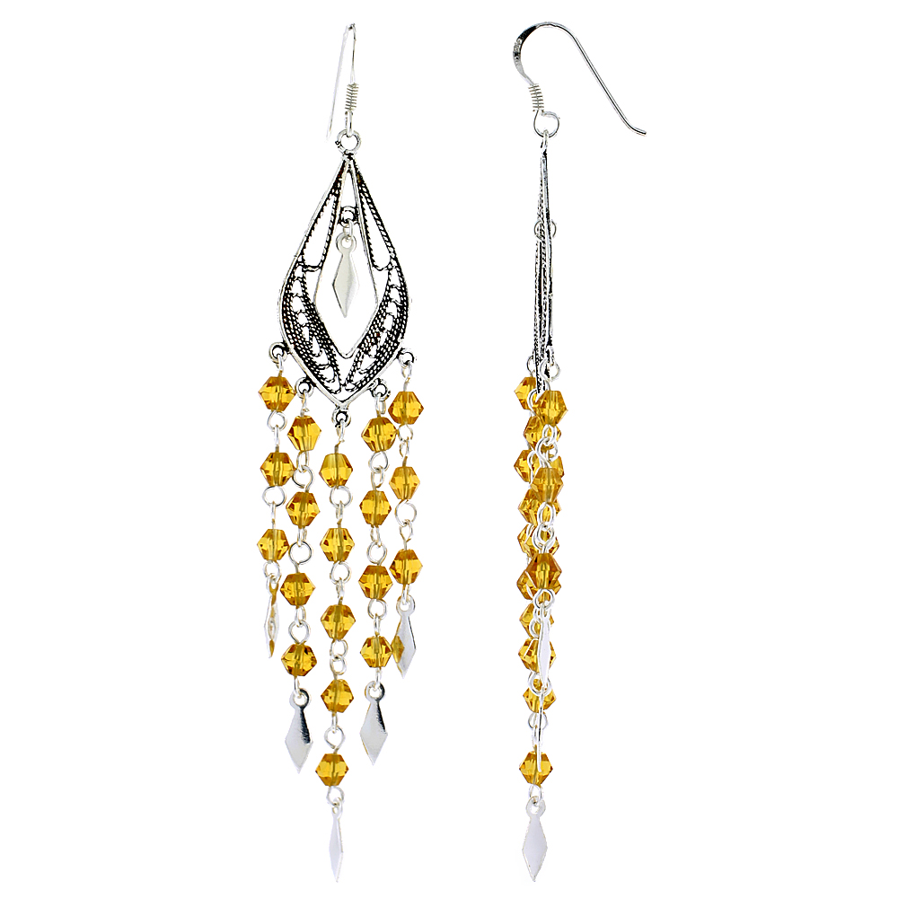 Sterling Silver Yellow Citrine Crystals Chandelier Earrings for Women Pear-shaped Filigree Dangle Fish Hook Handmade 3 3/8 inches long