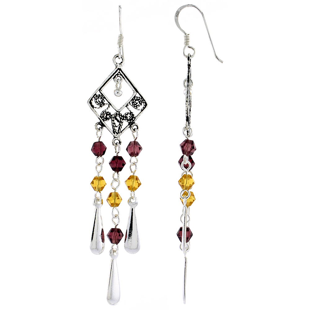 Sterling Silver Garnet & Yellow Citrine Crystals Chandelier Earrings for Women Diamond-shaped Filigree Dangle Fish Hook Handmade 2 3/8 inches long