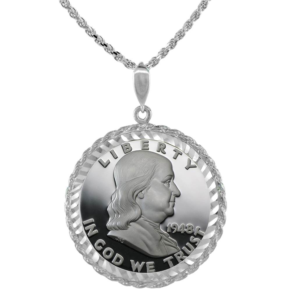 Sterling Silver Half Dollar Rope Bezel 30 mm Coins Prong Back Diamond Cut for all 50 Cent Coins Coin NOT Included