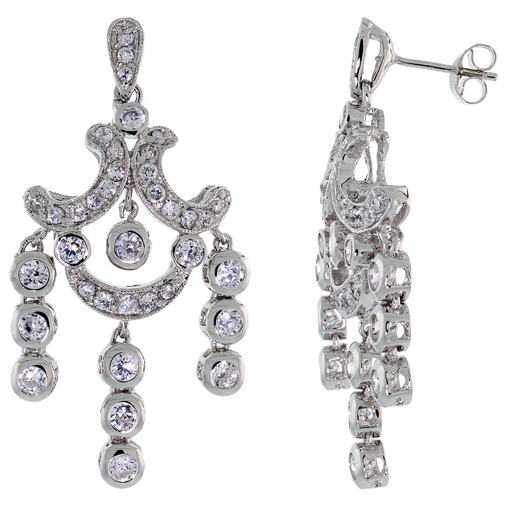 Sterling Silver CZ Chandelier Earrings w/ Triple Bead Drop, 1 3/4 in. (45 mm) tall