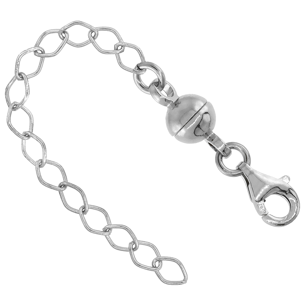 Sterling Silver 6 mm Magnetic Ball Clasp Converter Rhodium Finish 2 inch Extention, small size