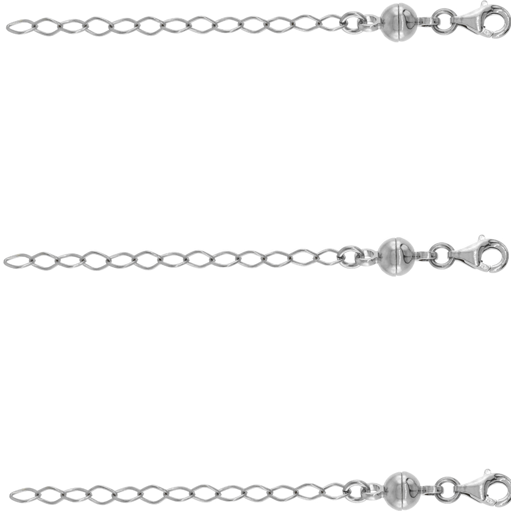 3 PACK Sterling Silver 6 mm Magnetic Ball Clasp Converter Rhodium Finish 2 inch Extention, small size