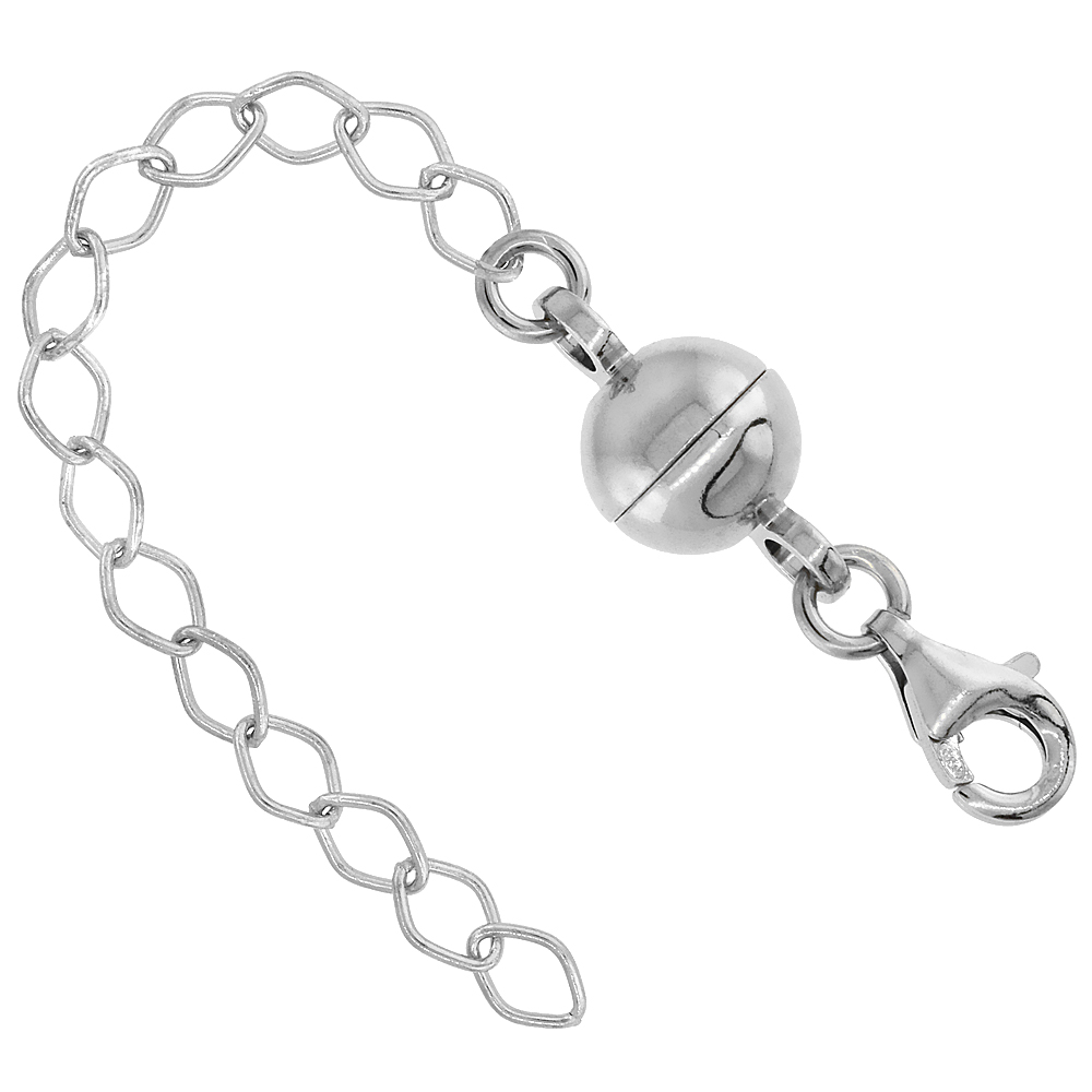 2 PACK Sterling Silver 8 mm Magnetic Ball Clasp Converter Rhodium Finish 2 inch Extention, Medium size